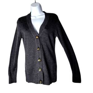 Tory Burch XS Gray Merino Wool Cardigan Logo Button Sweater Classic Luxury